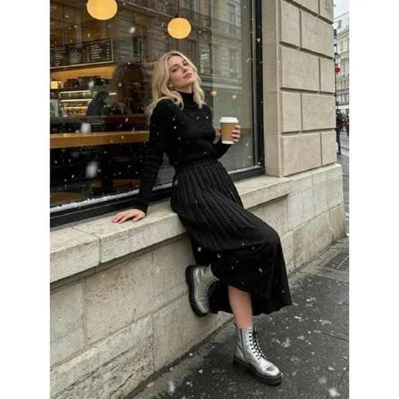 Women's Pleated Chiffon Skirt Elastic Waist A-Line Midi - Picture 3 of 8